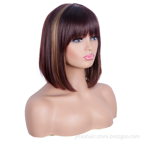 Wholesale Brown Bob Wigs for Women Highlights Blonde Straight Hair Short Bob Wig with Bangs Heat Resistant Synthetic